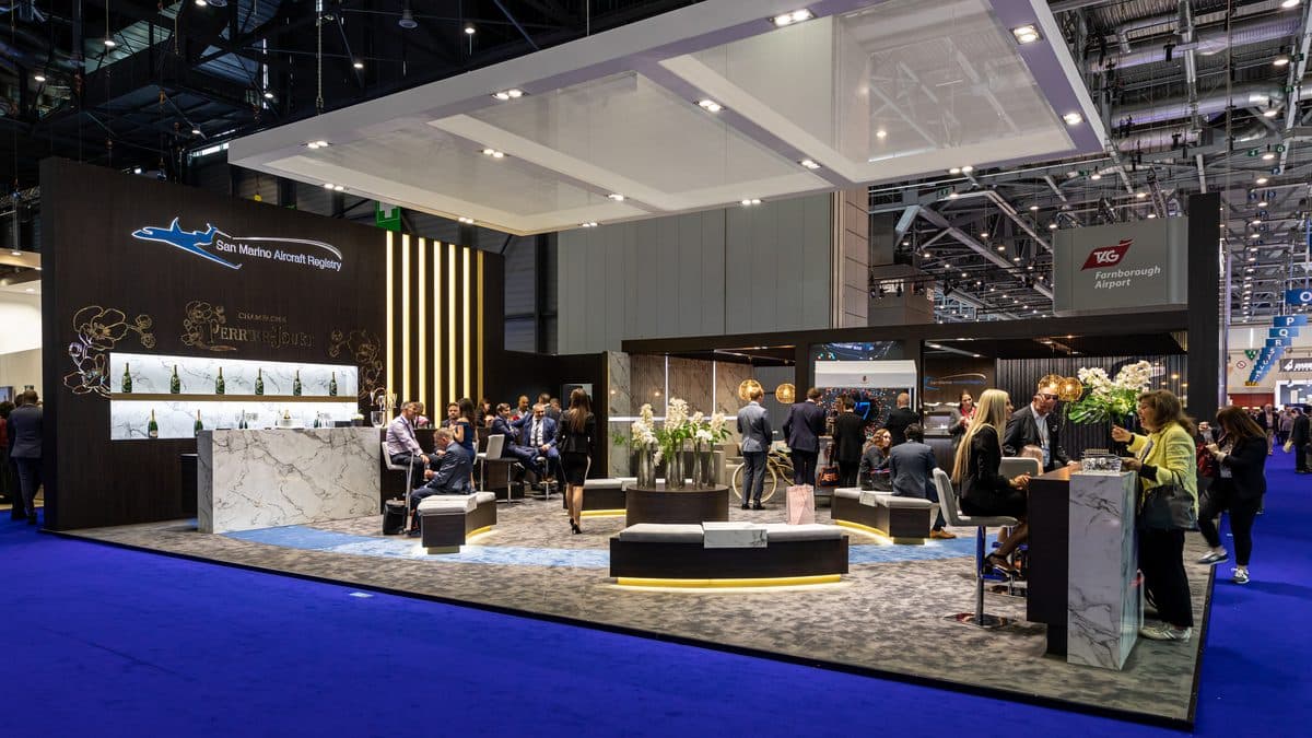 Premium aviation exhibition lounge stand with marble counters